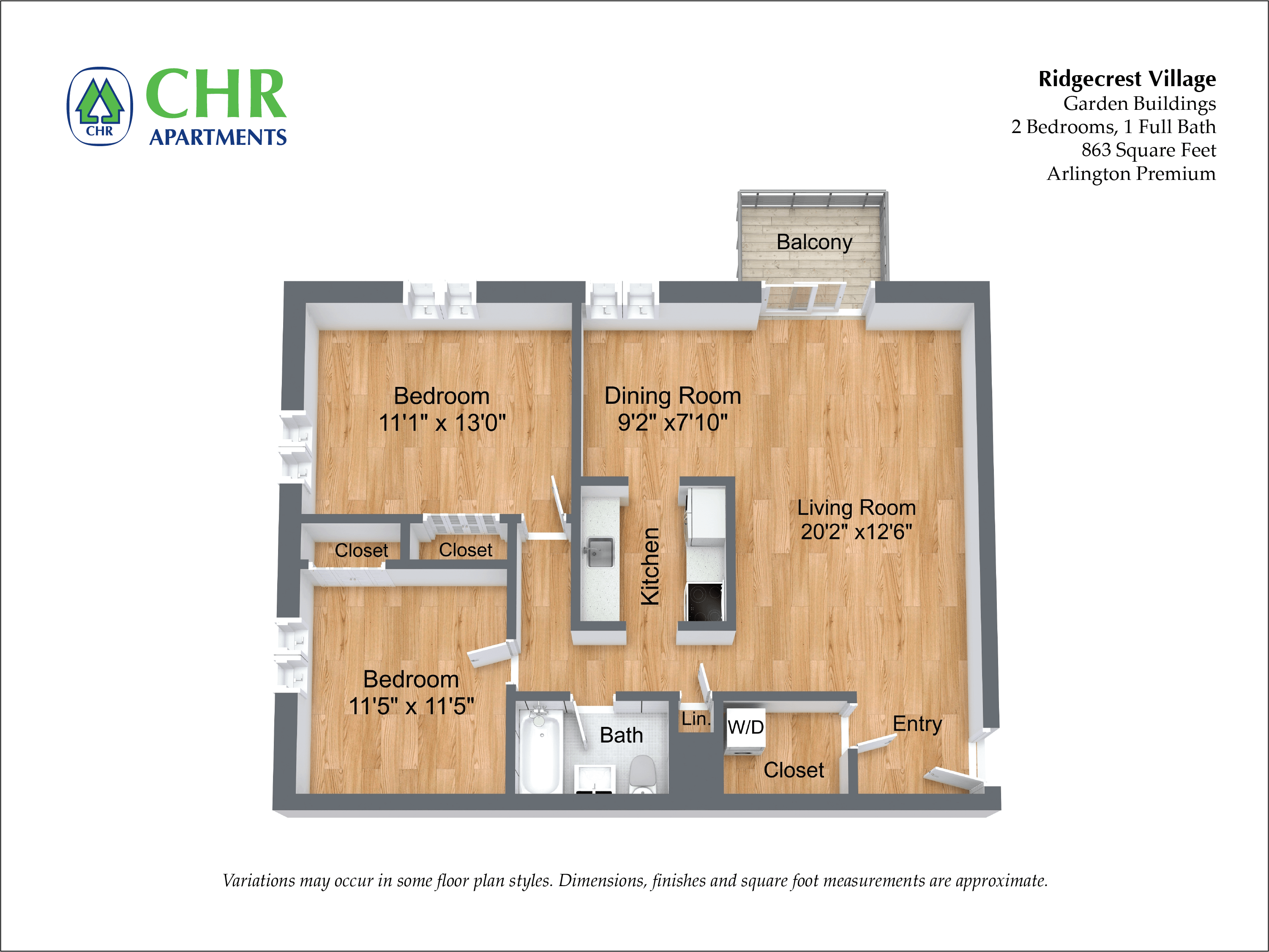 Floor plan for 2 beds, 1 bath, 863 sqft